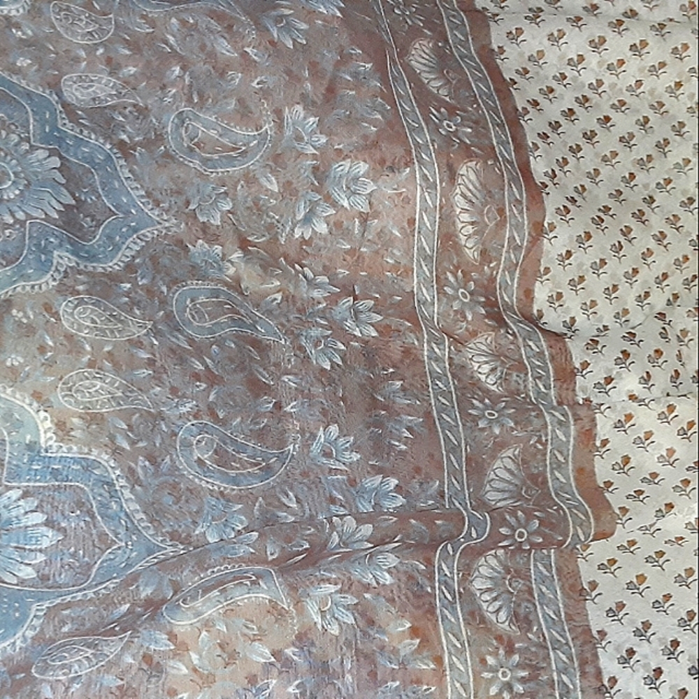 Brown,  blue & cream floral print sari